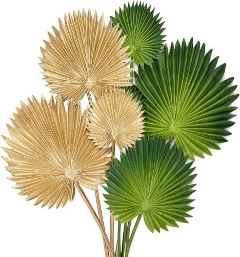 Briful 6 Foglie di palma artificiali in oro verde tropicale, foglie PU artificiali con stelo flessibile, palme per mazzi di fiori, giardino di casa, festa, ufficio, decorazione