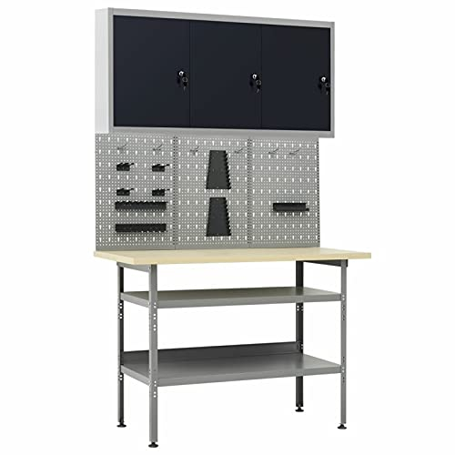 Werkbank mit 3 Werkzeugwänden und 1 Wandschrank, CIADAZ Werktisch, Arbeitstisch, Schweißtisch, Maschinenuntergestell, Werkzeugbank