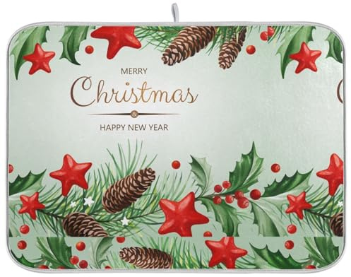 Tapete de secado de platos de rizo con hojas de acebo para decoración de Navidad, tapete escurridor de platos para encimera de cocina, tapete escurridor de platos, lavable a máquina, tapete de secado