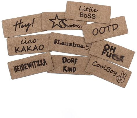 VmG-Store 10x Labels zum Aufnähen Stoff Etiketten aus Wildleder Optik Tags Textiletiketten für Kleidung und Applikation LS01 (01 Junge, 10er Set)