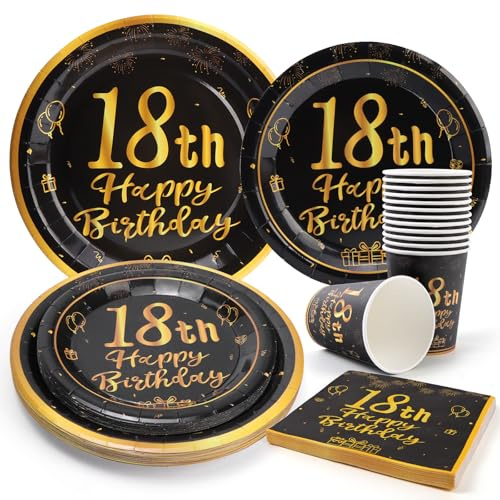 PARTY GO 96 Stück Schwarz und Gold Geburtstag Party Geschirr Set für 24 Gäste - 18th Pappteller Set für Kinder Tischdekoration