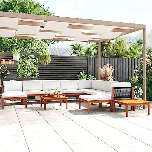 QZZCED Terrassenmöbel Garten-Couch-Set Terrassen-Sofa-Set Gartenmöbel-Sets 12-TLG. Garten-Lounge-Set mit Kissen Cremeweiß Massivholz Akazie für Gärten, Terrassen, Balkone