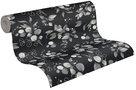 A.S. Création Blüten-Vliestapete – Schwarz, Grau, Silber – 10,05 x 0,53 m | Florales Blüten-Motiv als natürlicher Blickfang – matte Motivtapete, einfach zu verkleben & spurlos abziehbar