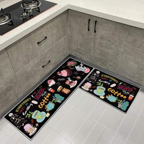HZVRTN Lot de 2 tapis de cuisine lavables, antidérapants, confortables et imperméables pour la maison, la cuisine et la buanderie (café, 40 x 60 + 40 x 120 cm)