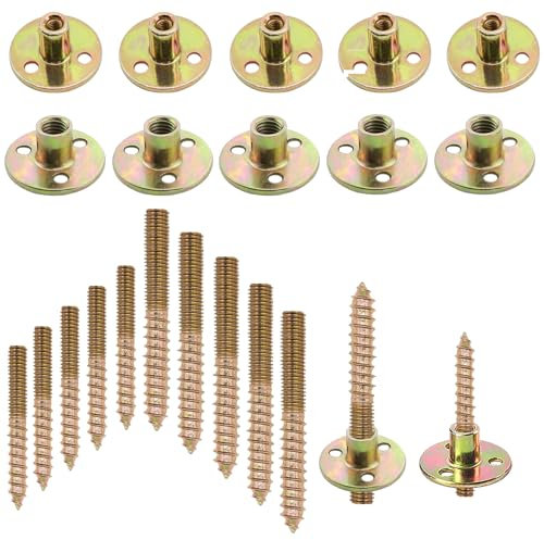 20 Pcs (10 Sets) M8/M6 Brad Hole Tee Nut with Hanger Bolts Set, Carbon Steel Brad Hole T Nut, Zinc Plated Round Base Flange Insert Female Thread Screw-in Furniture Hardware