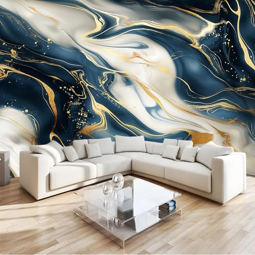 Bleu Marine Papier Peint Intissé 3D Texture D'Or En Marbre Panoramique Fresque Murale, Pour Salon & Chambre Fond Tv Décoration - (Facile À Poser) 300 X 210 Cm