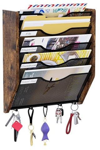 PAG-Mass 5-stöckig Hängend Zeitschriften Wandhalter,Wandhalterung Aktenhalter Mit 5 Haken,Flyerhalter Prospektspender Metall Holz A4 Zeitschriftenhalter Wand für Büro/school supplies/home,Antik Braun
