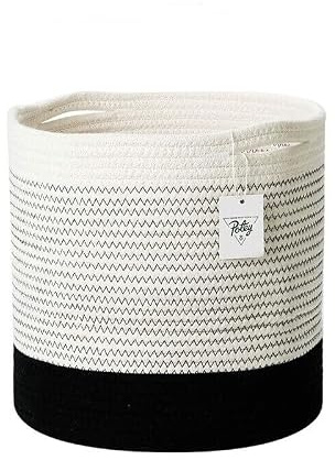 Cesta decorativa grande de cuerda de algodón tejida, ideal para flores, mantas y plantas en maceta en decoración del hogar (blanco + negro, 30 cm)
