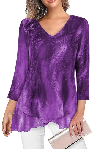 Adigaber Camisas para Mujer Manga 3/4 y Cuello en V Blusa | Suelto，Dobladillo asimétrico，Doble capa，Gasa，Fluido，Ligero，Unicolor，Informal，Blusa de oficina，Estampado