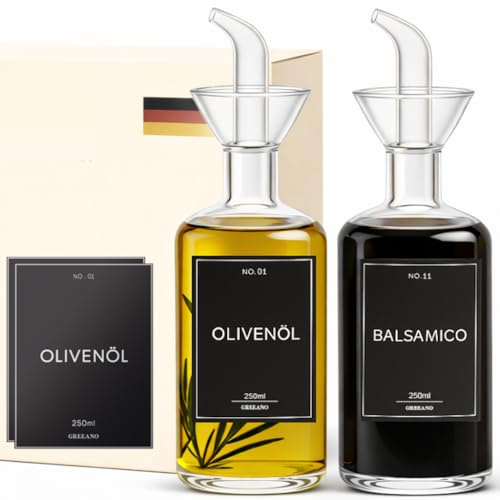 Greeano Ölflasche aus Glas 250ml [2er Set] – Tropffrei & auslaufsicher – Olivenöl Flasche mit Ausgießer & 18 schwarzen Etiketten – Öl und Essig Spender, leicht zu reinigen – Ölspender Glas