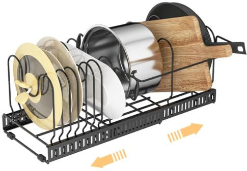 Rievem Organizador extensible para tapas y ollas con soporte para asas y 10 separadores – Organizador de cocina para ollas, sartenes, cajones y armarios (Negro)