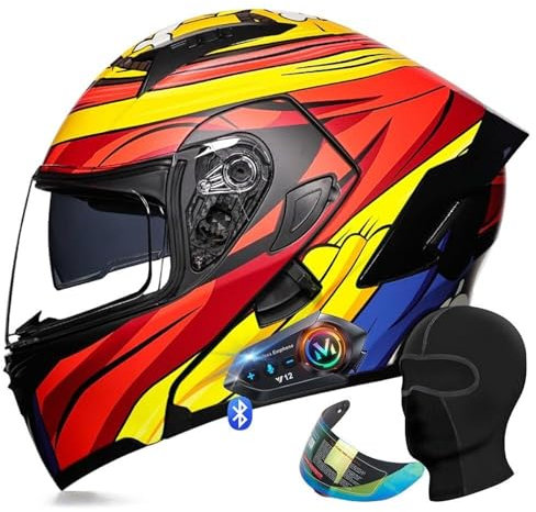 Casque de Moto Bluetooth homologué ECE, Casque modulaire Rabattable avec Double visière, Micro intégré, Casque antibuée for Moto, Scooter, VTT, for Adultes Hommes et Femmes(J,XXL 63~64CM)