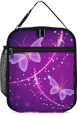 feiyuzhang Lonchera aislada con diseño de mariposas moradas neón, bolsa de almuerzo portátil mágica, reutilizable, pequeña lonchera para el trabajo, picnic, viajes