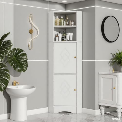 LANTRO JS Hochschrank Wasserdicht und Feuchtigkeitsresistent, Badschrank Schmal, Offenes Fach mit Verstellbarem Einlegeboden, Eckschrank Badezimmer mit Zwei Ablagefächern, Weiß