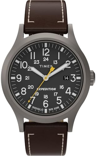 Timex Montre pour Homme Expedition Scout 40 mm - Bracelet Marron Cadran Noir boîtier Gris