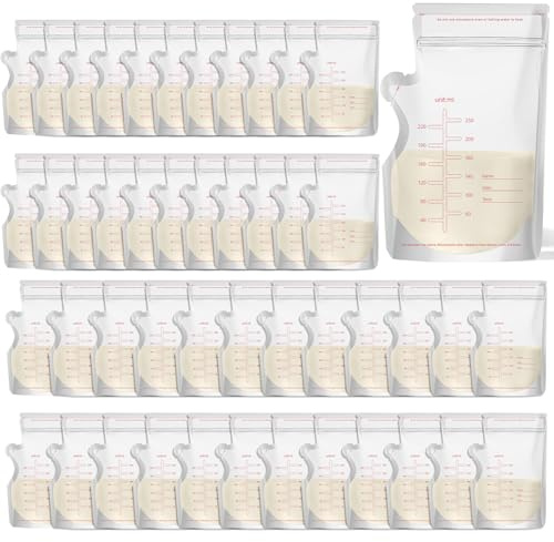 elzle 55 Pcs Breast Milk Storage Bags, 250ml Breastmilk Storage Bag with Double Zipper Seal & Pour Spout, Pre-Sterilised Freezer Bags, Hospital Bag Maternity Essentials