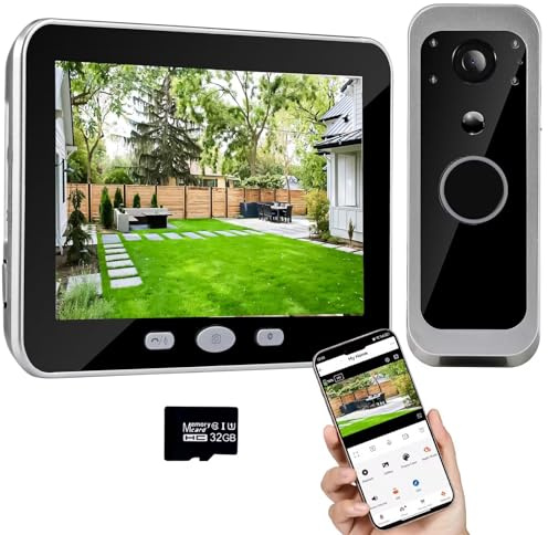 iTenen Videoportero inalámbrico 1080p con cámara MicroSD de 64 GB, mirilla digital con pantalla IPS de 5 pulgadas, ángulo de visión de 160°, audio bidireccional, detección de movimiento PIR