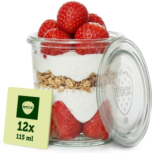Weck Gläser 115ml – 12er Set mit Deckeln – Sturzform – robuste, stapelbare Dessertgläser, Einkoch- & Einmachgläser – klein – Weckglas ideal für Nachtisch – Made in Germany