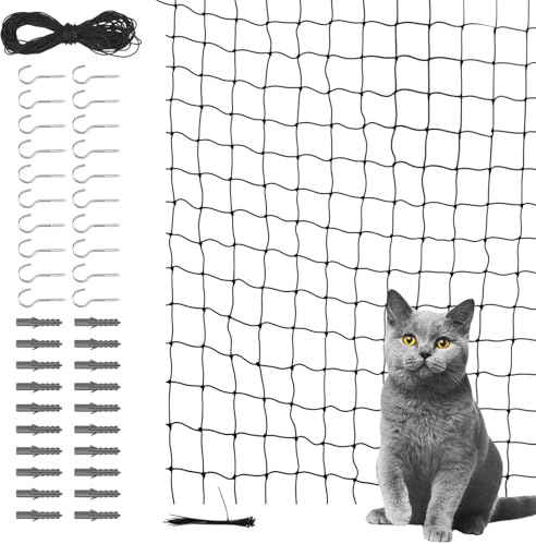 ECVUKQ Katzennetz, 4x3m Katzennetz für Balkon Ohne Bohren Nylon Katzengitter Schwarz Katzenschutznetz Inklusive Befestigungsset Balkonnetz für Katzen zur Sicherung von Fenstern Türen