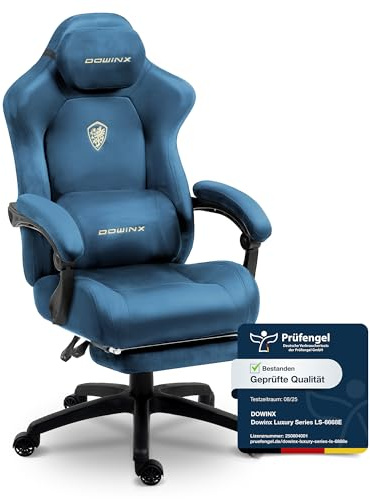 Dowinx Gaming Stuhl Ergonomisch mit Lendenkissen, Höhenverstellbare Kopfstütze, Verdicktes Sitzpolster, Ausziehbare Fußstütze, Verstellbare Armlehnen, Mikrofaser-Velours, 155° Neigbar, Blau