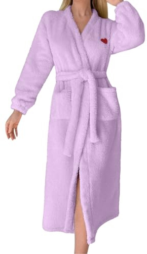 Albornoz de toalla para mujer, bata de baño con cinturón, acogedora, de manga larga, con bolsillos profundos y muy suave, muy absorbente, con cuello en V, manga larga, Violeta claro., M