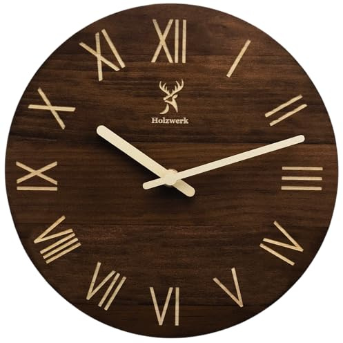Holzwerk Retro XL 40 cm Natur Wanduhr Holz-Uhr Rustikal Vintage lautloses Uhrwerk ohne Tickgeräusche Braun lautlos aus handgefertigtem Massivholz Natur Holz mit Hirsch Motiv Römische Ziffern 40 cm