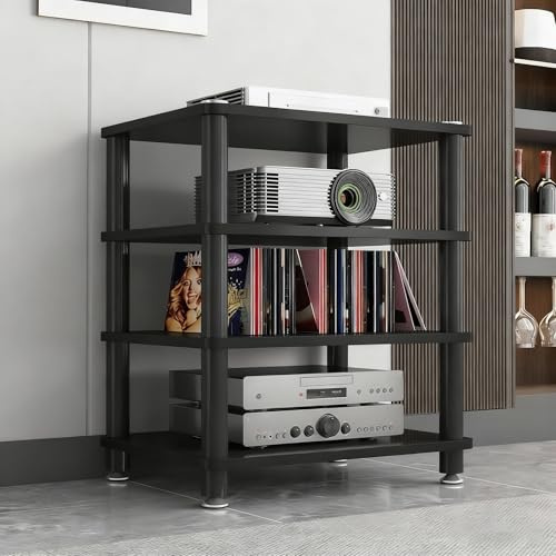 Audio Video Regal HiFi Rack High End,Höhenverstellbares Medienregal mit Feststellrollen, 3 4 5 Etagen Audio-Video Rack, Stahlgestell & Holzplatten mit Rückwand(White,3-Layer c)