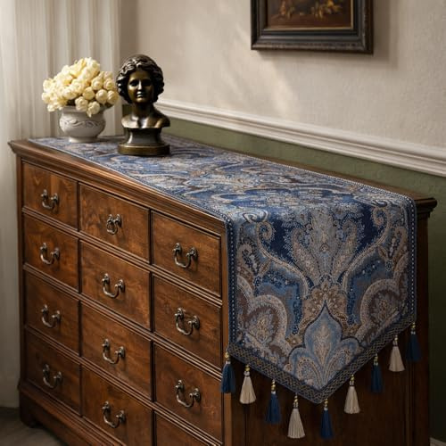 Ephyrosa Elaborate Embroidery Table Runner with Silver Threads, Spring Easter Decor Oilproof Luxurious Jacquard Blue Table Runners Waterproof for Sideboard Rustic Dining Tables Kitchen Banquet 87