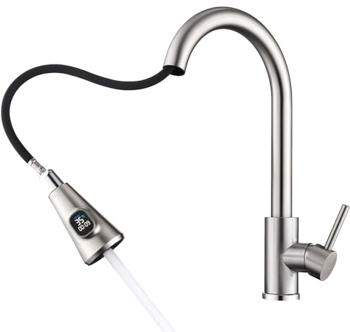 HOMELODY Wasserhahn Küche Gebürstet mit LED,Küchenarmatur Ausziehbar | Hochdruck Mischbatterie Spültischarmatur aus Edelstahl mit 2 Strahlarten, Einfache Installation