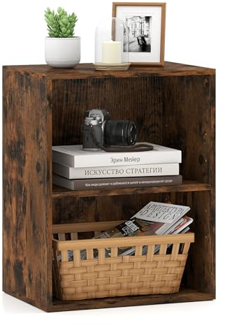 COSTWAY 2-stöckiges Bücherregal klein, offenes Aufbewahrungsregal Holz, Standregal mit 5-Fach verstellbarem Einlegeboden, Würfelregal Raumteiler (Braun,2 Fächern, 42 x 29,5 x 53,5 cm)