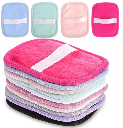 Guduling 10 almohadillas desmaquillantes de maquillaje, lavables, 13 x 10 cm, almohadillas de limpieza faciales de franela+esponja, almohadillas de algodón lavables, 10 colores