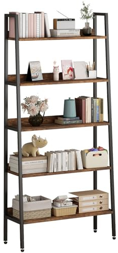 Estantería industrial de 5 niveles tipo escalera para oficina - Librero alto abierto de madera rústica y metal negro - Estante resistente, fácil de montar - Ideal para dormitorio, sala o cocina