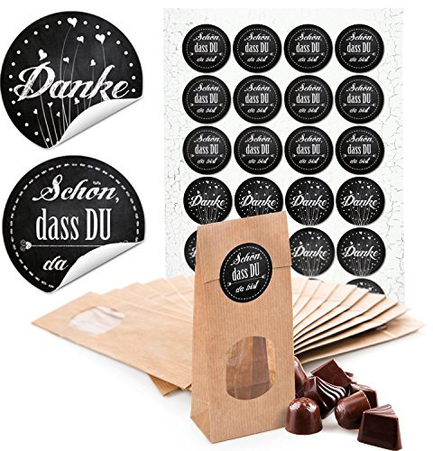 Weihnachtstüten Kraftpapier, 24 Stück: Blockbodenbeutel Geschenktüten, Papiertüten zum Befüllen, Tüten Papier für Lebensmittel & Geschenke, Geschenktüte Klein, Mit Danke Stickern, 7 x 4 x 20,5 cm