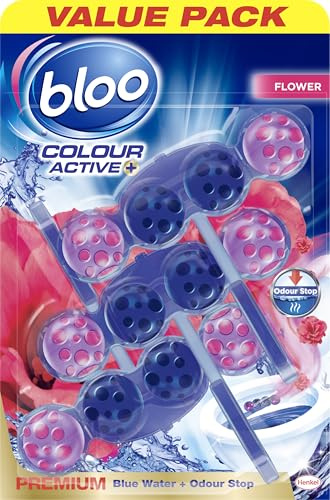 Bloo Colour Toilet Rim Block Colour Active Blue Fresh Flower | 4 in 1 Toilet Cleaners with Anti-Limescale, Cleaning Foam, Dirt Protection and Extra Freshness | Pack of 3, 3x50g