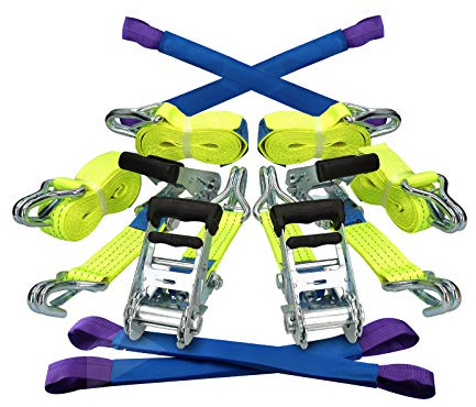 TENSYS Ratchet Wheel Straps Set of 4 - Heavy Duty Car Transporter Tie Down Webbing with Claw Hooks for Recovery Vehicle Trailer Professional Towing Ratchet Belt, Yellow 4m 2000daN