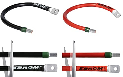 EBROM Batteriekabel rot + schwarz 12/24V Querschnitt: 25 mm² Länge von 30 cm bis 5 m für Stromstärken bis 108A, M8 Kabelschuh + Aderendhülse gegenüberliegend, Verbindung Batterie 25mm2, Länge: 150 cm