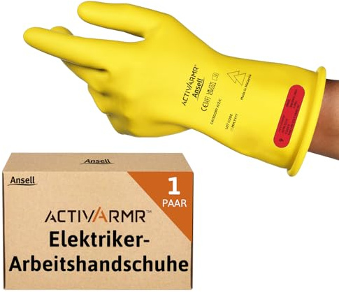 Ansell ActivArmr Guantes Aislantes Dieléctricos, Protección Eléctrica Class 0 (Tensión 1000V), Trabajos con Electricidad, Látex de Caucho Natural, 28cm, Amarillo, Talla XL (1 Par)