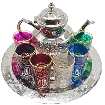 Juego de té marroquí para utilizar todos los días. Incluye Tetera de 800 ml con patas, bandeja diámetro 30 cm 6 vasos típicos de cristal