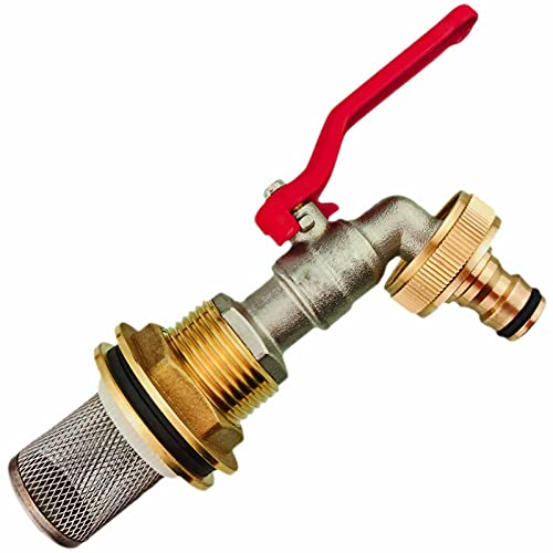 Regentonnendurchführung + 2 Dichtungen für Loch Durchmesser 34mm + Hahn 3/4 Zoll AG Außengewinde + 20mm Schlauch Tülle + Stecker für Gardena Kupplung + Edelstahl Filter + Rolle Dichtband Tank Fass