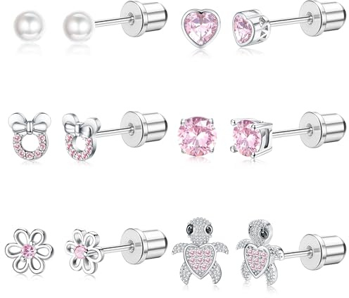 MILACOLATO 6Pairs Stud Earrings For Girls Women 316L Surgical Steel Hypoallergenic Earrings CZ Heart Flat Back Earring Studs Set Silver Gold Pink Cute Flower Stud Earrings Jewellery For Children Kids