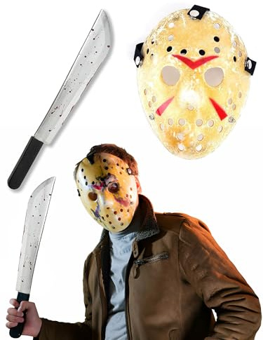 Mega_Jumble Horror Movie Killer Scary Halloween Fancy Dress Costume Accessory Set with Jason Voorhees Hockey Mask and Bloody Machete
