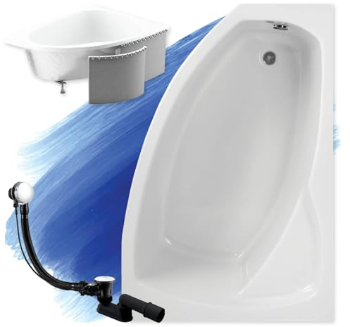BADLAND Badewanne Original Weiß Acryl Wanne Eckbadewanne FRIDA 150x100 Rechts KOMPLETTSET SET mit Premium Styroporverkleidung + Füßen und Exklusive Chrom Automatik Ablaufgarnitur Made in EU 4in1