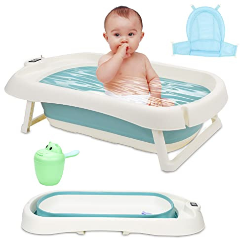 Sonnewelt Baby Badewanne, Babywanne mit Thermometer, Badematte und Baby-Haarwaschbecher, Faltbar Babybadewanne neugeborene ab 0-3 Jahre (Grün)