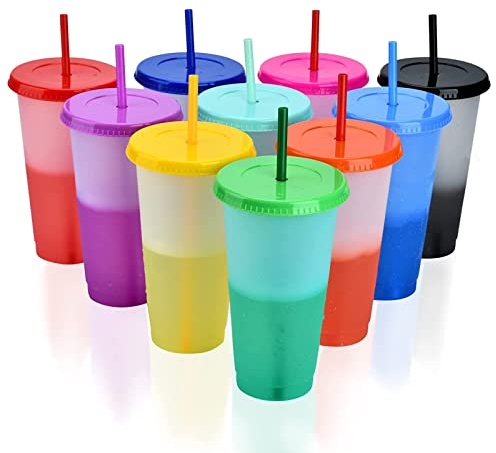 CYH 10 Stück Wiederverwendbare Kunststoffbecher mit Deckel und Trinkhalmen – 710 ml Farbwechselbecher Set Reisebecher für Kinder Erwachsene Party Smoothie Tasse Reisebecher