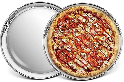 P&P CHEF 10 Inch Pizza Pan, Stainless Steel Round Pizza Tray Baking Pans, Pizzas Plate Serving Tray for Cookie Meat, Oven & Dishwasher Safe & Easy Cleaning, (Mirror Finish) - 2 Pieces