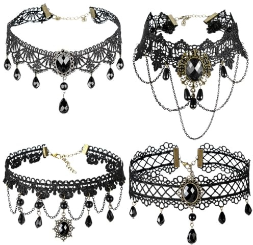 Meleager Gothic Halskette Set, 4 Stück Schwarz Spitze Choker, Halloween Lace Choker Halskette Schwarz, Vampir Kette Damen, Kostüm Schmuck für Karnevals Maskerade Party