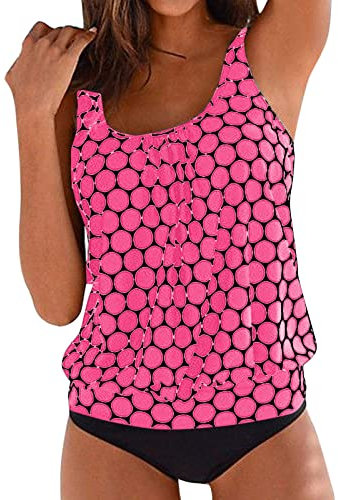 Damen-Bikini mit hoher Taille, sexy Push-up-Zweiteiler-Badeanzug, Vintage-Badeanzug, zweiteiliger Retro-Bikini-Set mit gerüschtem Print und hoher Taille Badeshirt Damen Langarm (Hot Pink, XL)