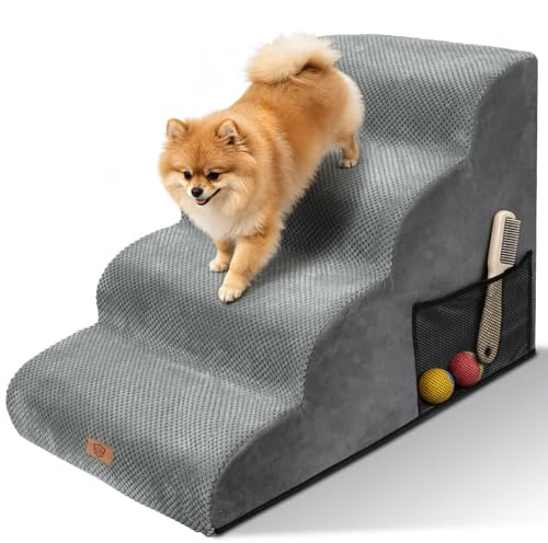 MASTERTOP Escaliers pour Chiens à 4 Marches en Éponge Haute Densité, Échelle Large pour Animaux de Compagnie, Rampe Antidérapant pour Animal Âgé/Blessé avec Housse Amovible&Lavable (Gris)