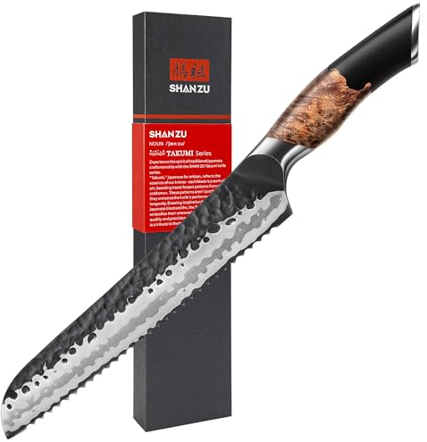 SHAN ZU Brotmesser mit Wellenschliff Profi 20 cm aus 7 Schichten Hochwertigem Rostfreiem Carbon Stahl, Extra Scharfe Messerklinge mit Ergonomischem Ahornholzgriff