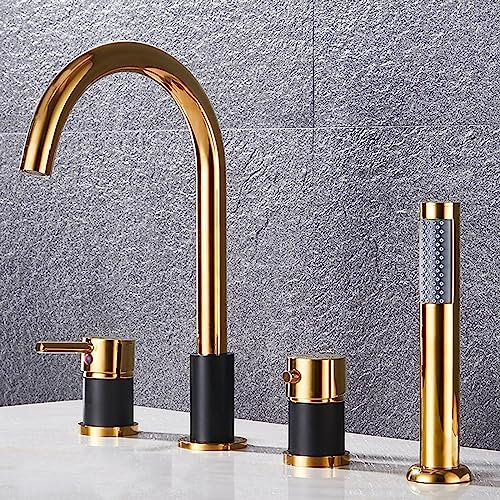 Badewannenarmatur, Deckmontage, 4-Loch-Badarmaturen-Set mit Dusche, Badezimmer-Duscharmatur, Wannenarmatur, Schwarz + Gold Lucky Star